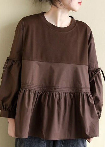 Chocolate O-neck Patchwork Wrinkled Cotton Top Long Sleeve