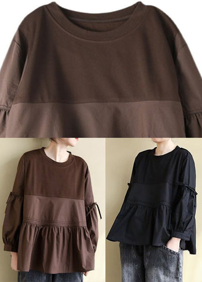 Chocolate O-neck Patchwork Wrinkled Cotton Top Long Sleeve