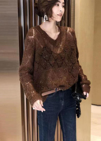 Coffee V Neck Hollow Out Cozy Ma Hai Mao Cotton Knit Tops Fall