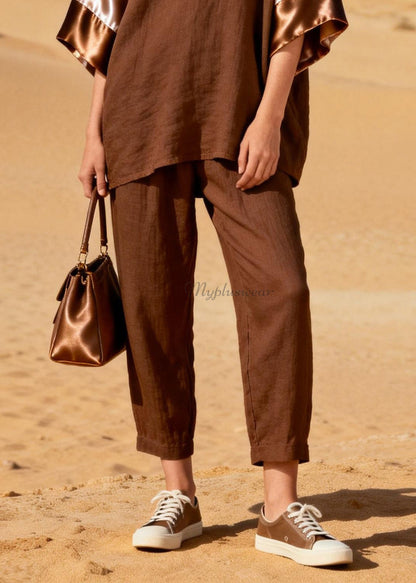 Coffee V Neck Patchwork Linen Silk Two Piece Set Spring