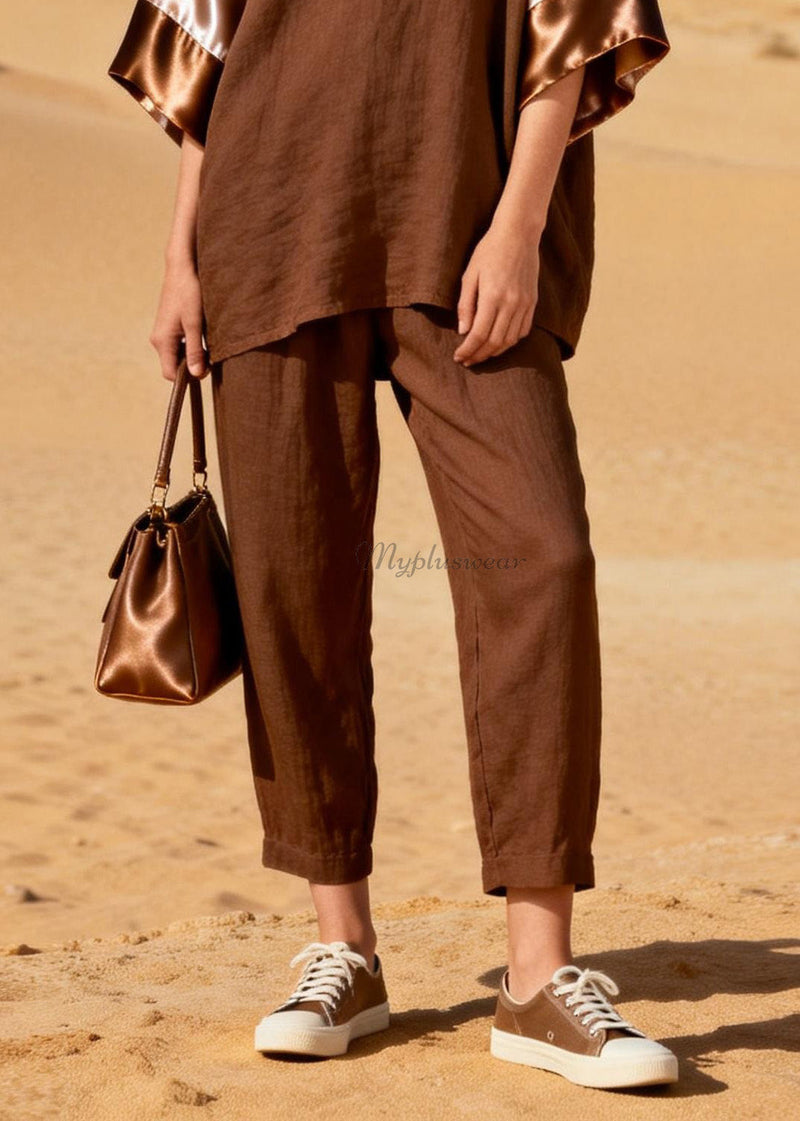Coffee V Neck Patchwork Linen Silk Two Piece Set Spring