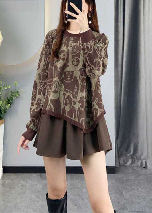 Chocolate Asymmetrical Design Patchwork Print Fall Knit Sweaters