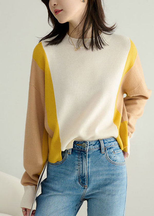 Colorblock O-neck Patchwork Side Open Cashmere Sweater Spring