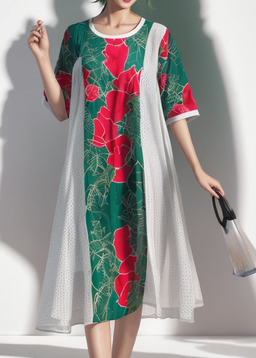 Colorblock O Neck Print Silk Dress Summer
