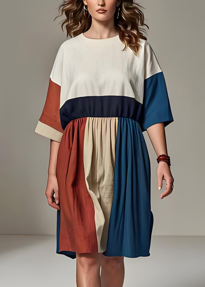 Colorblock O Neck Wrinkled Patchwork Linen Dresses Summer