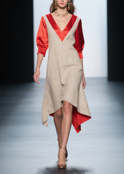 Colorblock V Neck Patchwork Linen Silk Dresses Summer