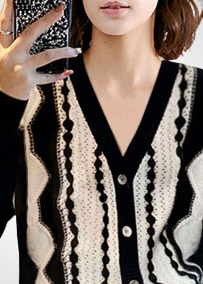 Colorblock V Neck Patchwork Wool Knit Cardigan Winter