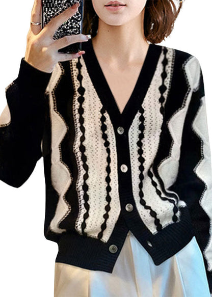 Colorblock V Neck Patchwork Wool Knit Cardigan Winter