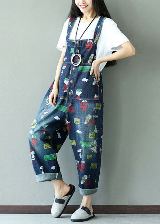 Dark Blue Print Jumpsuits Pockets Summer