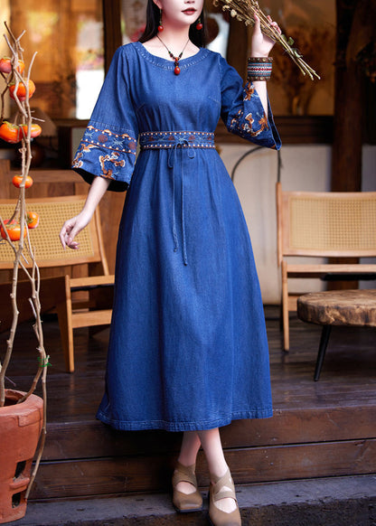 Denim Navy Patchwork Tie Waist Maxi Dress Flare Sleeve
