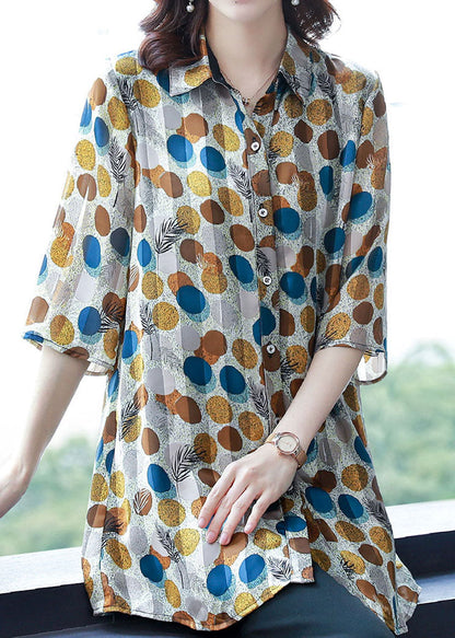 Dot Print Peter Pan Collar Button Silk Shirt Top Summer