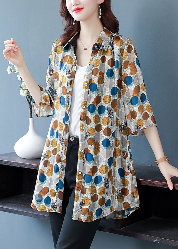 Dot Print Peter Pan Collar Button Silk Shirt Top Summer