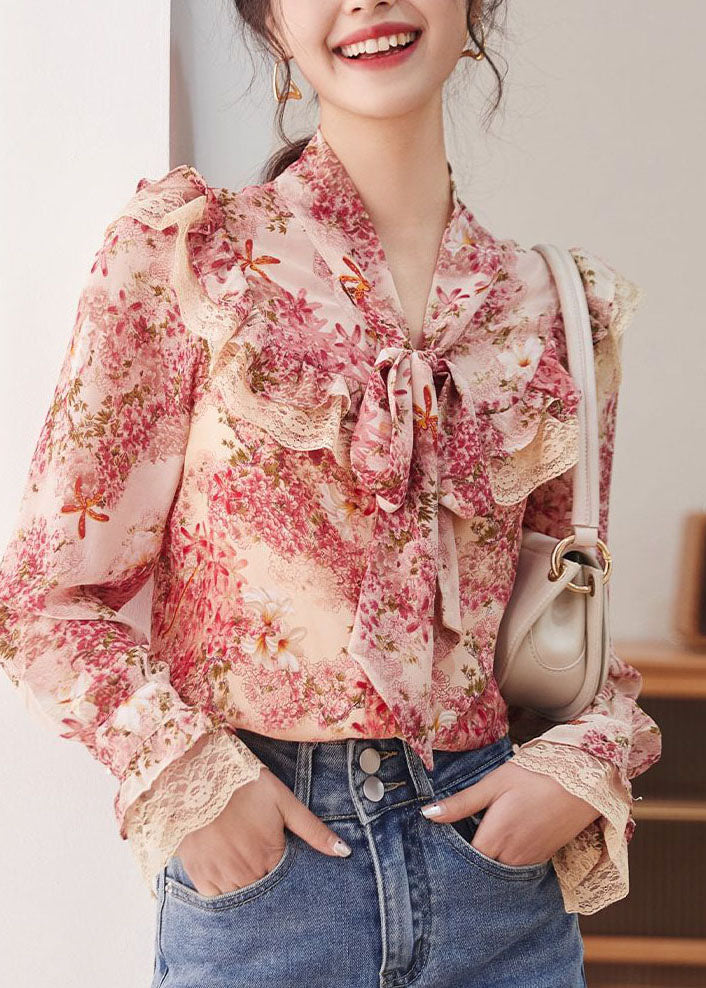 Print Bow Lace Patchwork Chiffon Shirt Tops Spring