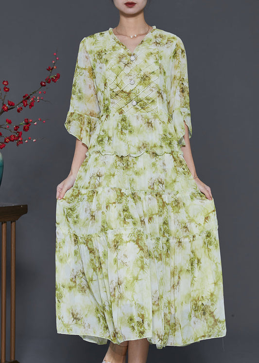 Grass Green Ruffled Tie Dye Chiffon Dresses Summer
