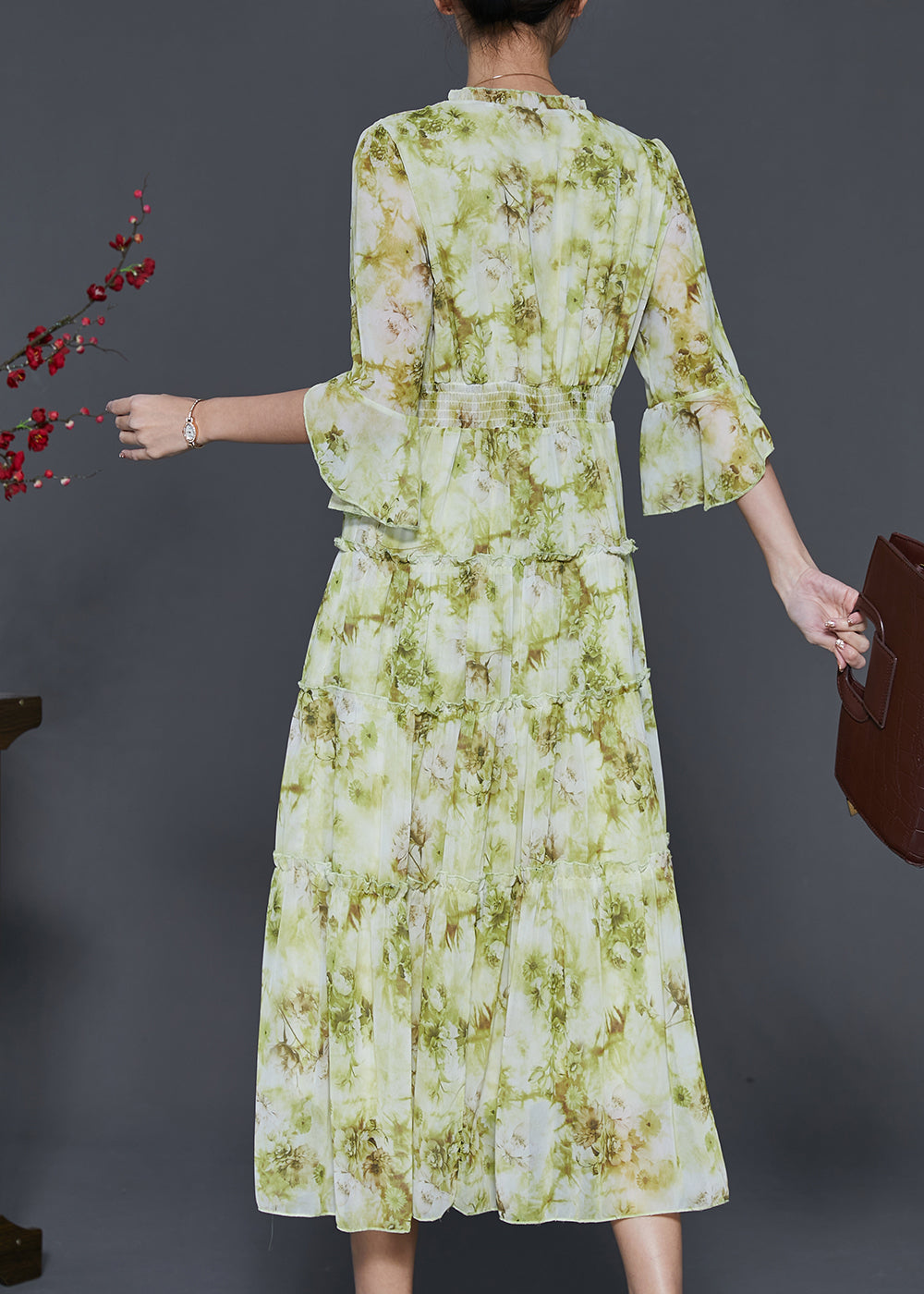 Grass Green Ruffled Tie Dye Chiffon Dresses Summer