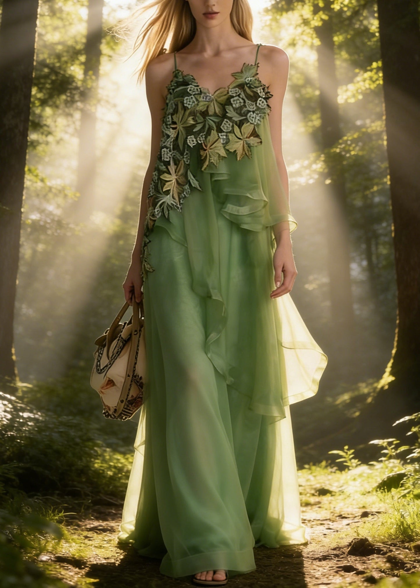 Green Asymmetrical Patchwork Tulle Spaghetti Strap Dress Summer