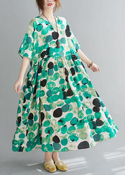 Green Dot Print Pockets Summer Vacation Dresses Half Sleeve