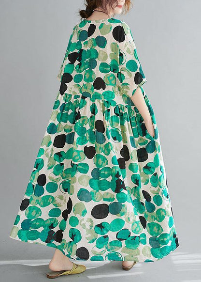 Green Dot Print Pockets Summer Vacation Dresses Half Sleeve