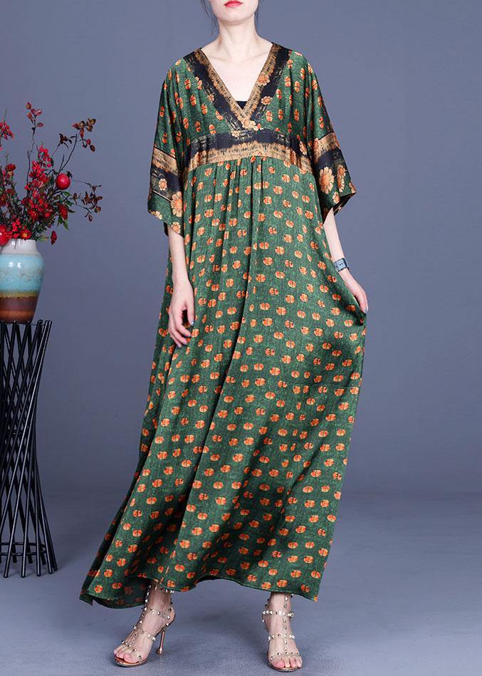 Green Dot Silk Patchwork V Neck Dress Summer