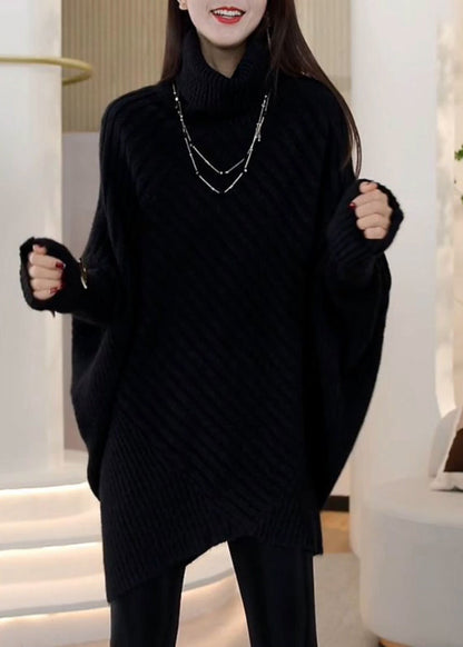 Green Hign Neck Asymmetrical Patchwork Knit Pullover Batwing Sleeve