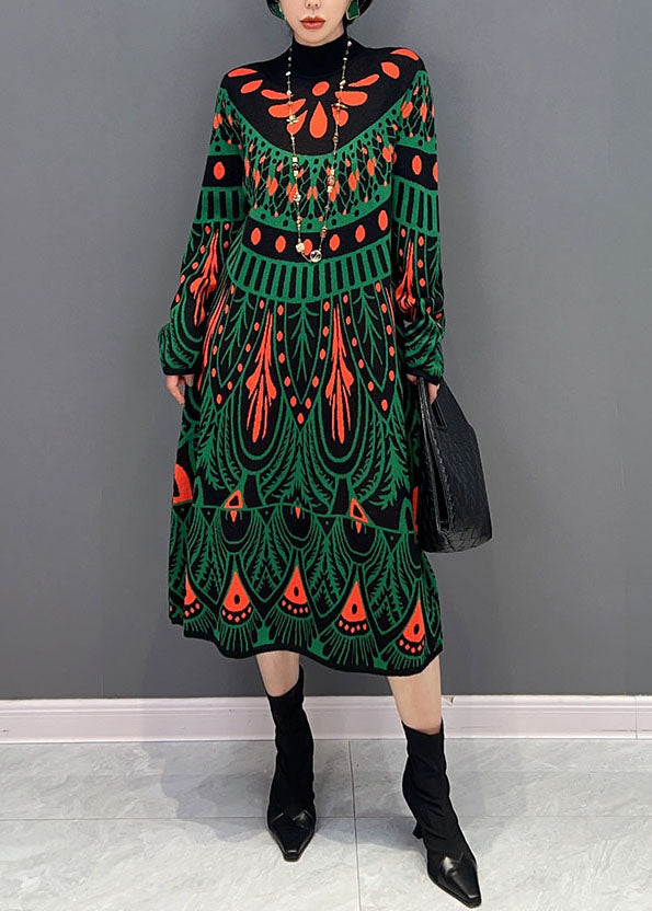Green Hign Neck Print Knit Long Dress Winter