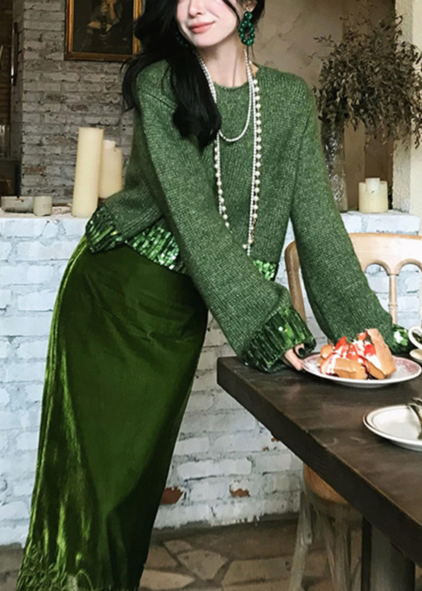 Green Hollow Out Cotton Knit Sweaters Spring