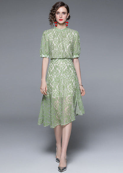 Green Jacquard Asymmetrical Patchwork Lace Mid Dress Summer