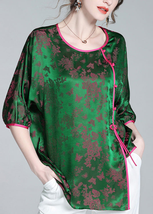 Green O-neck Asymmetrical Button Silk Top Summer