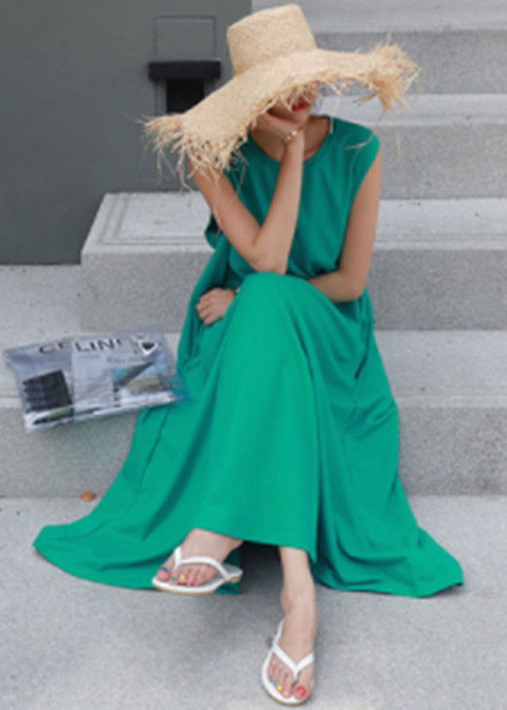Green O-neck Cotton Spaghetti Strap Dress Sleeveless