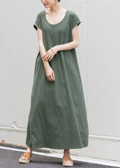 Green O Neck Patchwork Cotton Dress Short Sleeve