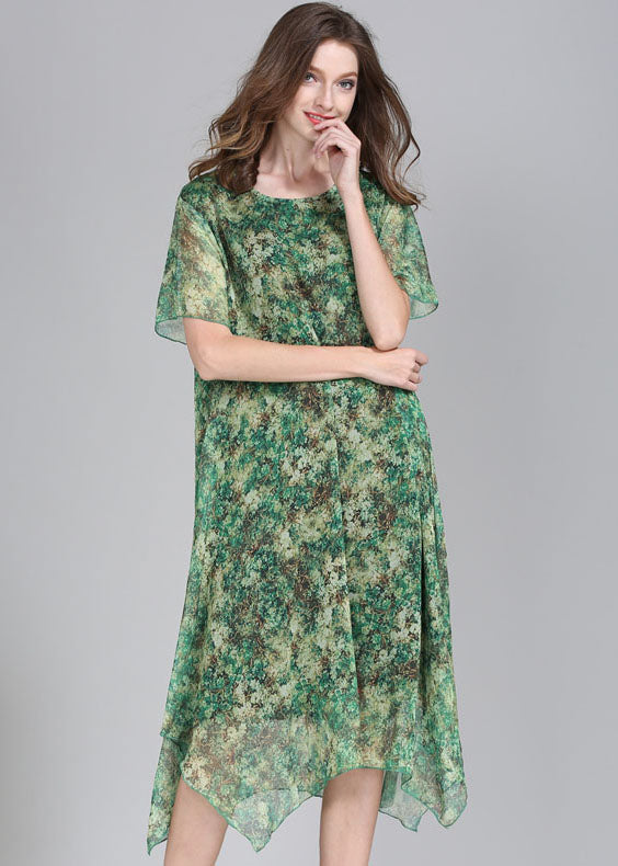 Green O Neck Print Patchwork Chiffon Dress Summer