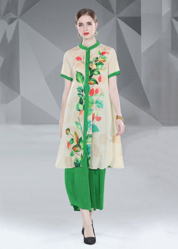 Green Print Button Loose Chiffon 2 Piece Outfit Summer
