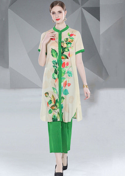 Green Print Button Loose Chiffon 2 Piece Outfit Summer