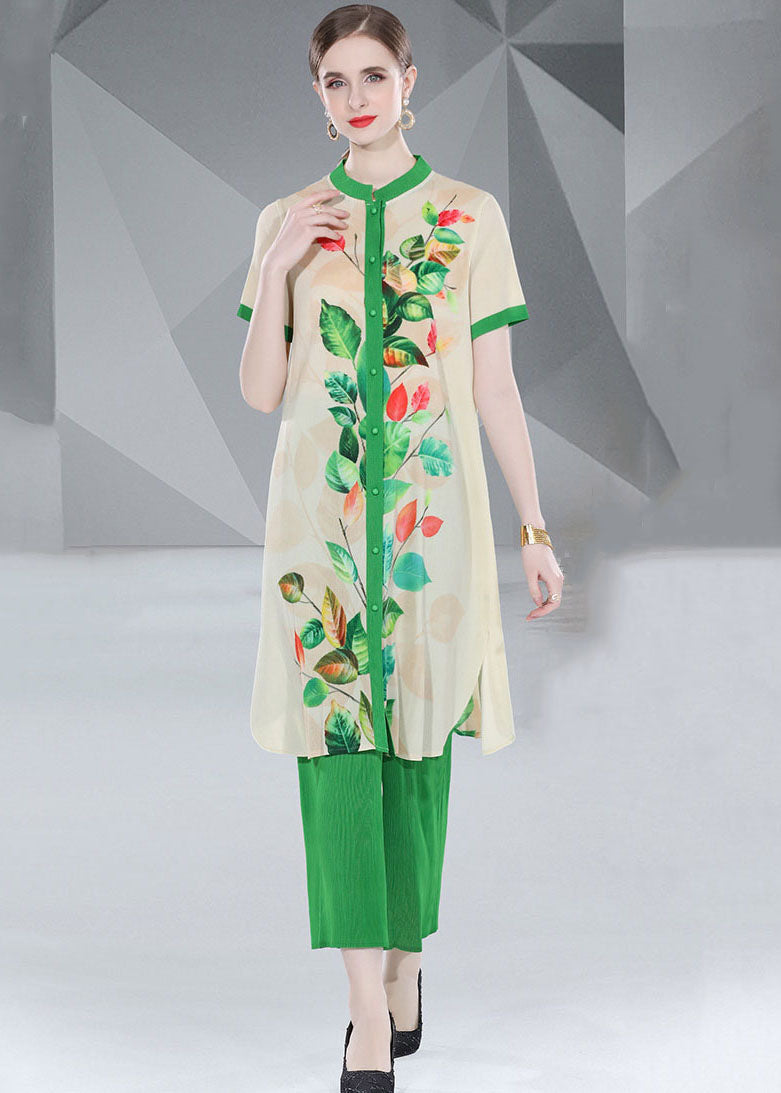 Green Print Button Loose Chiffon 2 Piece Outfit Summer