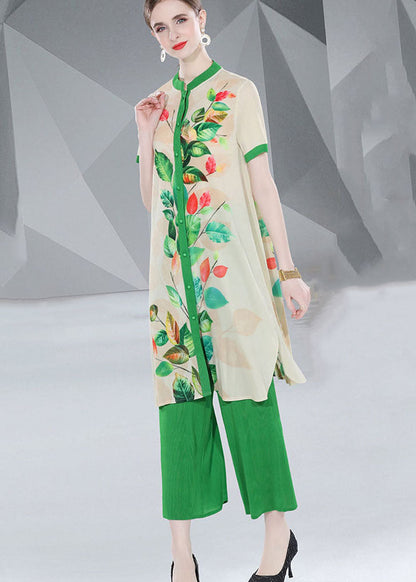 Green Print Button Loose Chiffon 2 Piece Outfit Summer