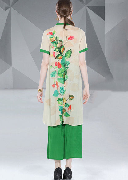Green Print Button Loose Chiffon 2 Piece Outfit Summer