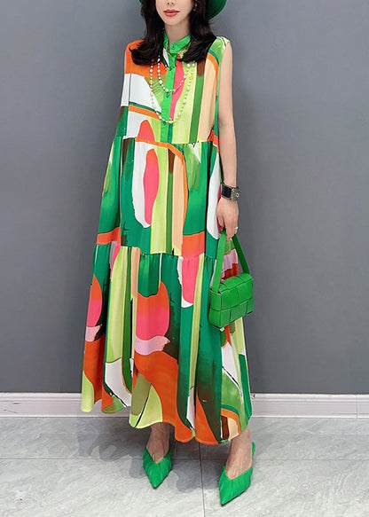 Green Print Button Vacation Maxi Dresses Sleeveless