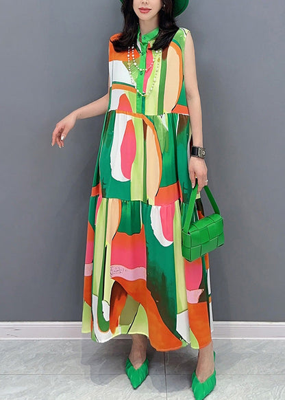 Green Print Button Vacation Maxi Dresses Sleeveless