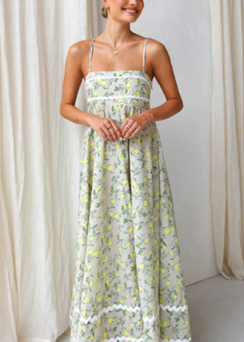 Green Print Patchwork Cotton Spaghetti Strap Dress Summer