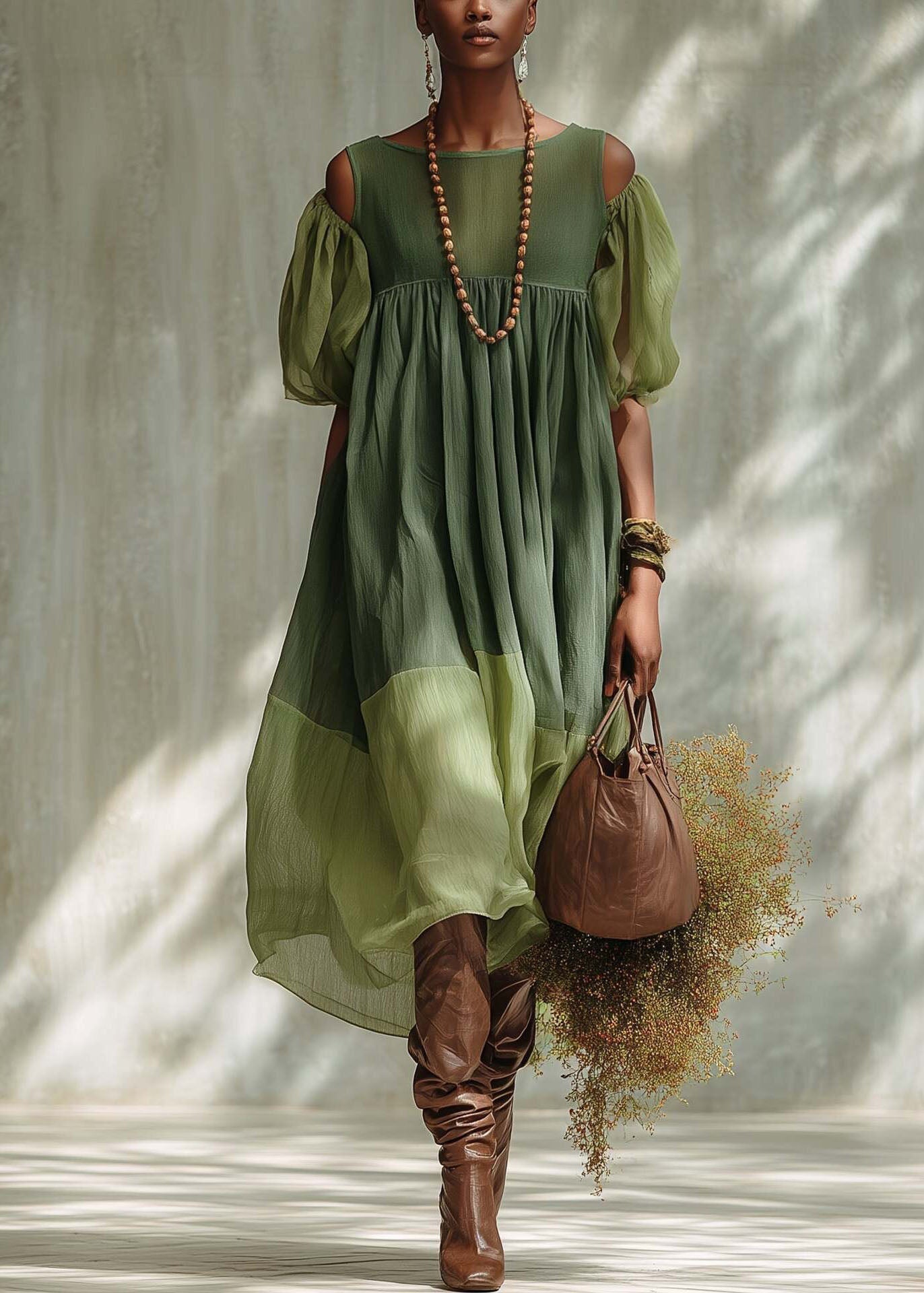 Green Puff Sleeve Patchwork Cotton Vacation Dress