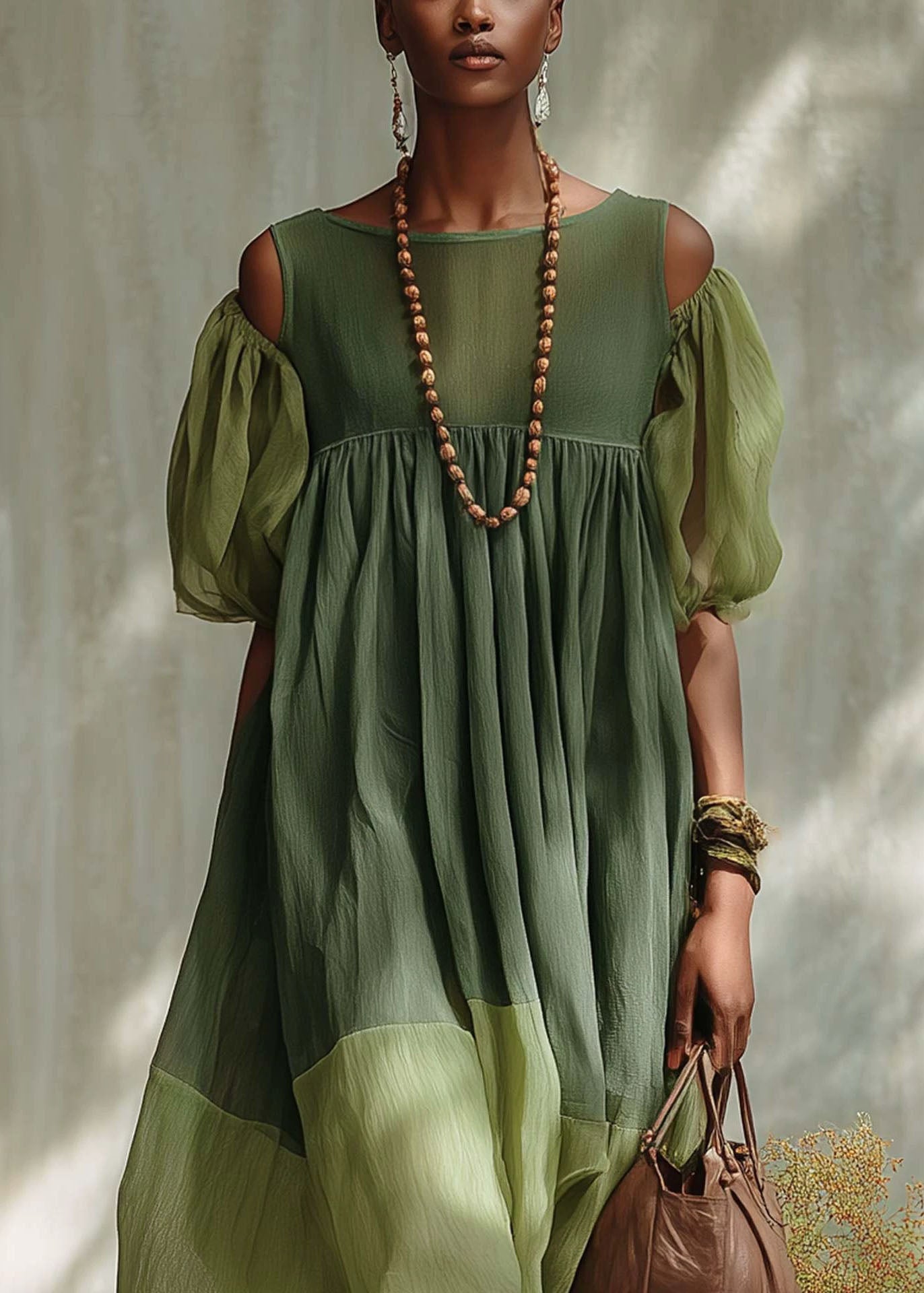 Green Puff Sleeve Patchwork Cotton Vacation Dress