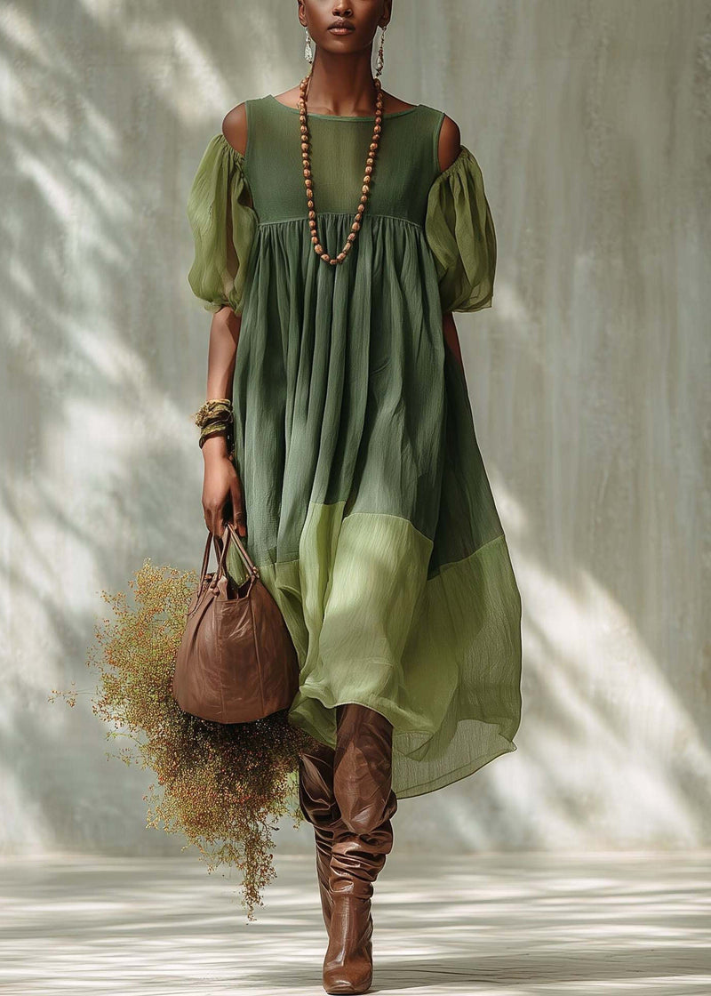Green Puff Sleeve Patchwork Cotton Vacation Dress