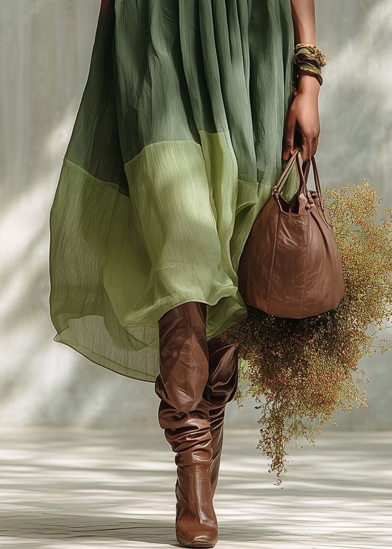 Green Puff Sleeve Patchwork Cotton Vacation Dress