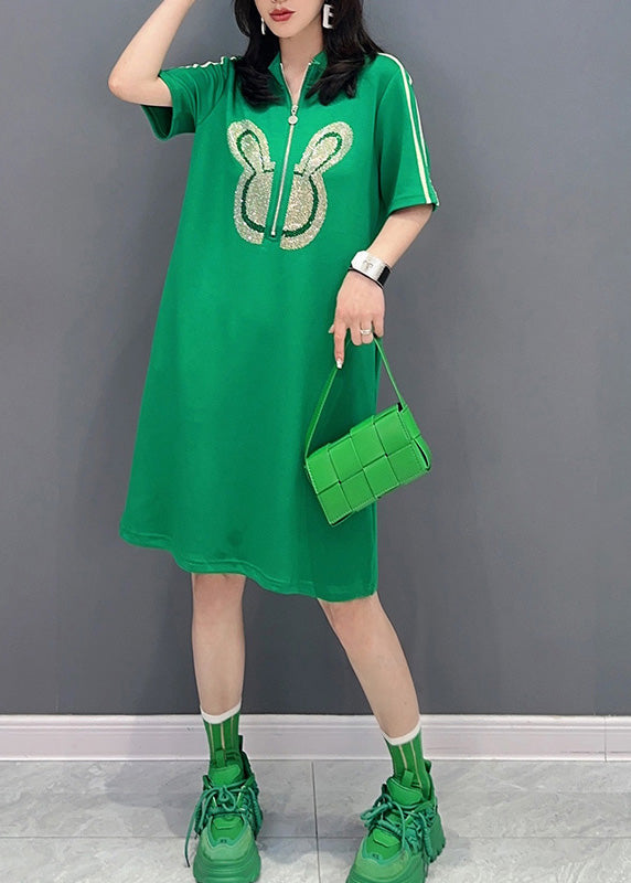 Green Stand Collar Mid Dress Summer