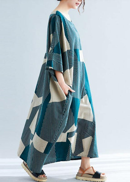Green Striped O-neck Loose Summer Bat Wing Sleeve Summer Dress