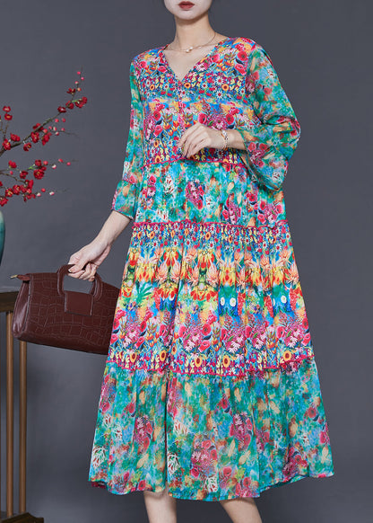 Green V Neck Print Silk Holiday Dress Summer