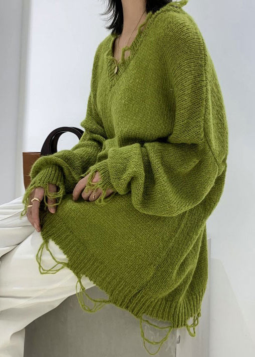 Green V Neck Ripped Ma Hai Mao Knit Sweaters Spring