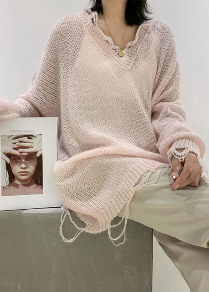 Green V Neck Ripped Ma Hai Mao Knit Sweaters Spring