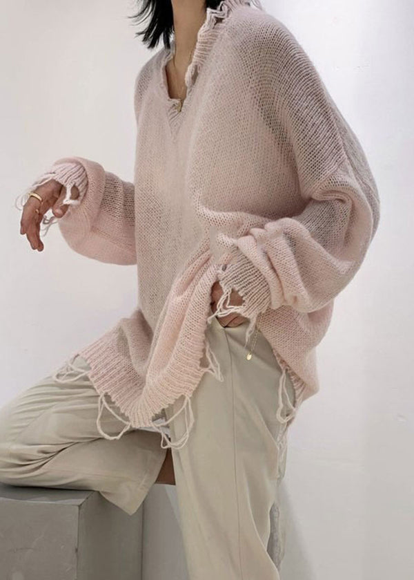 Green V Neck Ripped Ma Hai Mao Knit Sweaters Spring
