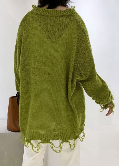 Green V Neck Ripped Ma Hai Mao Knit Sweaters Spring